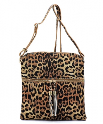 Leopard Zip Tassel Crossbody Bag LE062 TAN